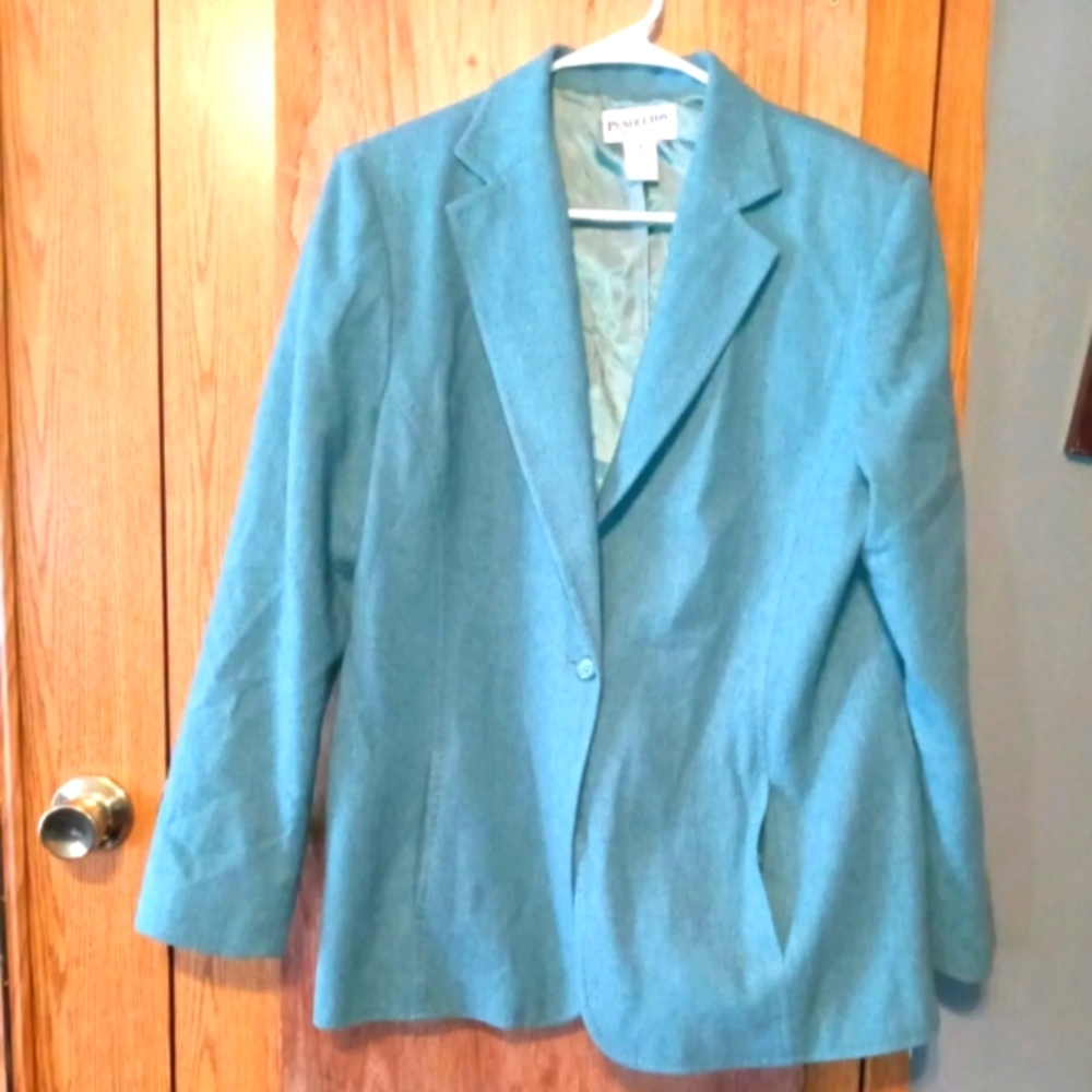 Women's Vintage Pendleton Size 14 Bluish Green Pure Virgin Wool Blazer Jacket